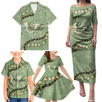 Hawaii Molokai Island Flowers Lei Family Matching Puletasi and Hawaiian Shirt Kukui Nut Mossy Green