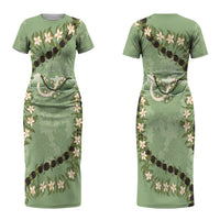 Hawaii Molokai Island Flowers Lei Family Matching Short Sleeve Bodycon Dress and Hawaiian Shirt Kukui Nut Mossy Green