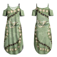 Hawaii Molokai Island Flowers Lei Family Matching Summer Maxi Dress and Hawaiian Shirt Kukui Nut Mossy Green