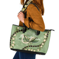Hawaii Molokai Island Flowers Lei Leather Tote Bag Kukui Nut Mossy Green