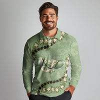 Hawaii Molokai Island Flowers Lei Long Sleeve Polo Shirt Kukui Nut Mossy Green
