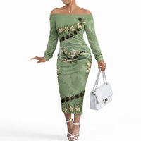 Hawaii Molokai Island Flowers Lei Off The Shoulder Long Sleeve Dress Kukui Nut Mossy Green LT7 Women Moss Green - Polynesian Pride