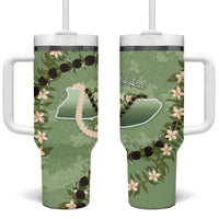 Hawaii Molokai Island Flowers Lei Tumbler With Handle Kukui Nut Mossy Green