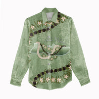 Hawaii Molokai Island Flowers Lei Women Casual Shirt Kukui Nut Mossy Green