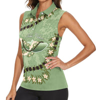 Hawaii Molokai Island Flowers Lei Women Sleeveless Polo Shirt Kukui Nut Mossy Green
