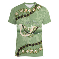 Hawaii Molokai Island Flowers Lei Women V-Neck T-Shirt Kukui Nut Mossy Green