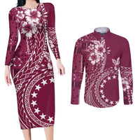 Kia Orana Cook Islands Couples Matching Long Sleeve Bodycon Dress and Long Sleeve Button Shirt Tiare and Stars - Maroon