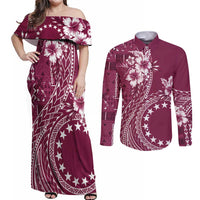 Kia Orana Cook Islands Couples Matching Off Shoulder Maxi Dress and Long Sleeve Button Shirt Tiare and Stars - Maroon