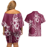 Kia Orana Cook Islands Couples Matching Off Shoulder Short Dress and Hawaiian Shirt Tiare and Stars - Maroon