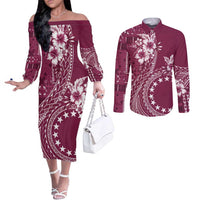 Kia Orana Cook Islands Couples Matching Off The Shoulder Long Sleeve Dress and Long Sleeve Button Shirt Tiare and Stars - Maroon