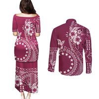Kia Orana Cook Islands Couples Matching Puletasi and Long Sleeve Button Shirt Tiare and Stars - Maroon