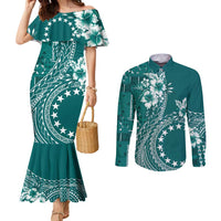 Kia Orana Cook Islands Couples Matching Mermaid Dress and Long Sleeve Button Shirt Tiare and Stars - Teal