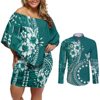 Kia Orana Cook Islands Couples Matching Off Shoulder Short Dress and Long Sleeve Button Shirt Tiare and Stars - Teal