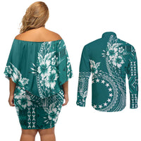 Kia Orana Cook Islands Couples Matching Off Shoulder Short Dress and Long Sleeve Button Shirt Tiare and Stars - Teal