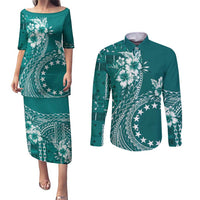 Kia Orana Cook Islands Couples Matching Puletasi and Long Sleeve Button Shirt Tiare and Stars - Teal