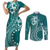 Kia Orana Cook Islands Couples Matching Short Sleeve Bodycon Dress and Long Sleeve Button Shirt Tiare and Stars - Teal