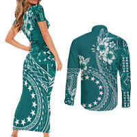 Kia Orana Cook Islands Couples Matching Short Sleeve Bodycon Dress and Long Sleeve Button Shirt Tiare and Stars - Teal
