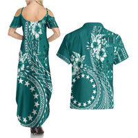 Kia Orana Cook Islands Couples Matching Summer Maxi Dress and Hawaiian Shirt Tiare and Stars - Teal