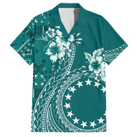 Kia Orana Cook Islands Family Matching Off Shoulder Short Dress and Hawaiian Shirt Tiare and Stars - Teal LT7 Dad's Shirt - Short Sleeve Teal - Polynesian Pride