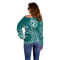 Kia Orana Cook Islands Off Shoulder Sweater Tiare and Stars - Teal