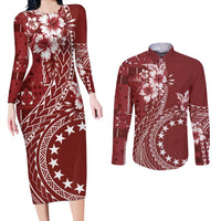 Kia Orana Cook Islands Couples Matching Long Sleeve Bodycon Dress and Long Sleeve Button Shirt Tiare and Stars - Scarlet