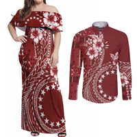 Kia Orana Cook Islands Couples Matching Off Shoulder Maxi Dress and Long Sleeve Button Shirt Tiare and Stars - Scarlet