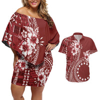 Kia Orana Cook Islands Couples Matching Off Shoulder Short Dress and Hawaiian Shirt Tiare and Stars - Scarlet