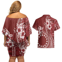 Kia Orana Cook Islands Couples Matching Off Shoulder Short Dress and Hawaiian Shirt Tiare and Stars - Scarlet