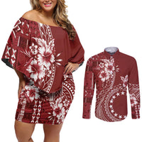 Kia Orana Cook Islands Couples Matching Off Shoulder Short Dress and Long Sleeve Button Shirt Tiare and Stars - Scarlet