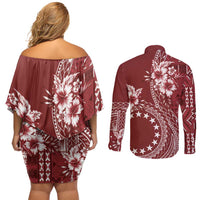 Kia Orana Cook Islands Couples Matching Off Shoulder Short Dress and Long Sleeve Button Shirt Tiare and Stars - Scarlet