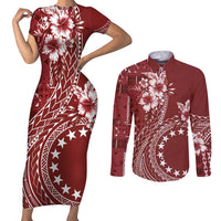Kia Orana Cook Islands Couples Matching Short Sleeve Bodycon Dress and Long Sleeve Button Shirt Tiare and Stars - Scarlet