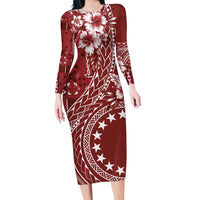 Kia Orana Cook Islands Family Matching Long Sleeve Bodycon Dress and Hawaiian Shirt Tiare and Stars - Scarlet
