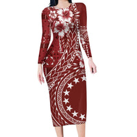 Kia Orana Cook Islands Long Sleeve Bodycon Dress Tiare and Stars - Scarlet