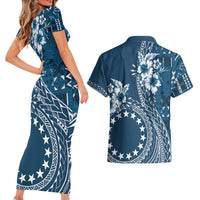 Kia Orana Cook Islands Couples Matching Short Sleeve Bodycon Dress and Hawaiian Shirt Tiare and Stars - Navy Blue