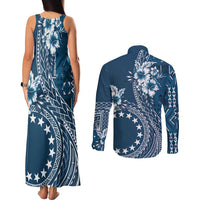 Kia Orana Cook Islands Couples Matching Tank Maxi Dress and Long Sleeve Button Shirt Tiare and Stars - Navy Blue