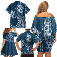 Kia Orana Cook Islands Family Matching Off Shoulder Short Dress and Hawaiian Shirt Tiare and Stars - Navy Blue