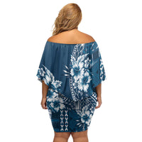 Kia Orana Cook Islands Family Matching Off Shoulder Short Dress and Hawaiian Shirt Tiare and Stars - Navy Blue