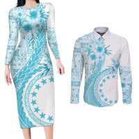 Kia Orana Cook Islands Couples Matching Long Sleeve Bodycon Dress and Long Sleeve Button Shirt Tiare and Stars - Turquoise