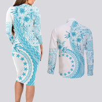 Kia Orana Cook Islands Couples Matching Long Sleeve Bodycon Dress and Long Sleeve Button Shirt Tiare and Stars - Turquoise