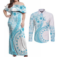 Kia Orana Cook Islands Couples Matching Off Shoulder Maxi Dress and Long Sleeve Button Shirt Tiare and Stars - Turquoise