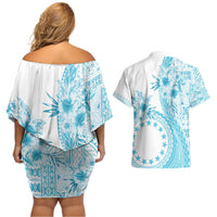 Kia Orana Cook Islands Couples Matching Off Shoulder Short Dress and Hawaiian Shirt Tiare and Stars - Turquoise