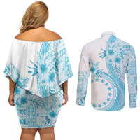 Kia Orana Cook Islands Couples Matching Off Shoulder Short Dress and Long Sleeve Button Shirt Tiare and Stars - Turquoise