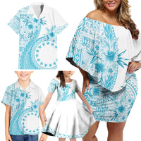 Kia Orana Cook Islands Family Matching Off Shoulder Short Dress and Hawaiian Shirt Tiare and Stars - Turquoise