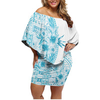 Kia Orana Cook Islands Family Matching Off Shoulder Short Dress and Hawaiian Shirt Tiare and Stars - Turquoise