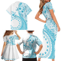 Kia Orana Cook Islands Family Matching Short Sleeve Bodycon Dress and Hawaiian Shirt Tiare and Stars - Turquoise