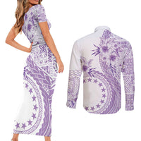 Kia Orana Cook Islands Couples Matching Short Sleeve Bodycon Dress and Long Sleeve Button Shirt Tiare and Stars - Lavender
