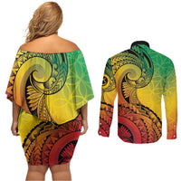 Vanuatu 45th Independence Anniversary Couples Matching Off Shoulder Short Dress and Long Sleeve Button Shirt Ni-Van Sandroing - Polynesian Pride