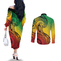 Vanuatu 45th Independence Anniversary Couples Matching Off The Shoulder Long Sleeve Dress and Long Sleeve Button Shirt Ni-Van Sandroing - Polynesian Pride