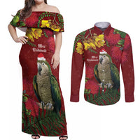 Kakapo Bird New Zealand Couples Matching Off Shoulder Maxi Dress and Long Sleeve Button Shirt Floral Christmas