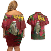 Kakapo Bird New Zealand Couples Matching Off Shoulder Short Dress and Hawaiian Shirt Floral Christmas